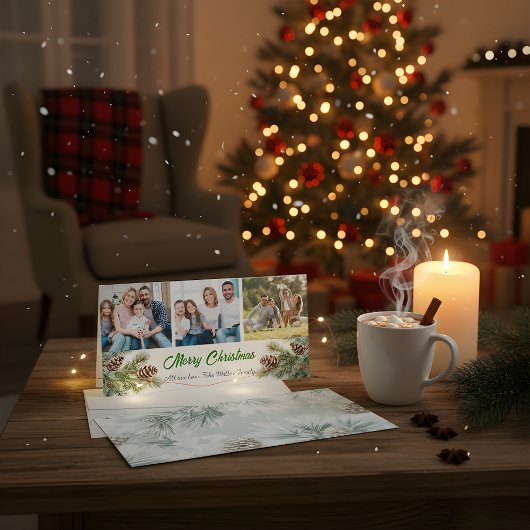 Merry Christmas Modern Pineneedle 3 Photo Collage Feestdagenkaart