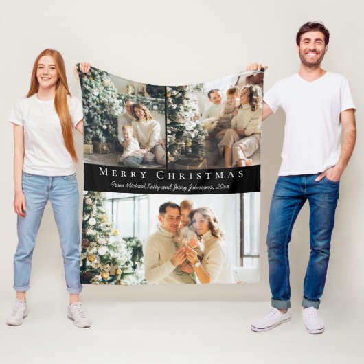 Merry Christmas Modern Script 3 foto's zwart Fleece Deken (In situ)