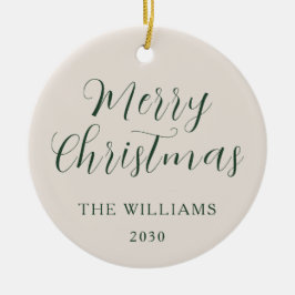 Merry Christmas Modern Script Beige Groen Keramisch Ornament