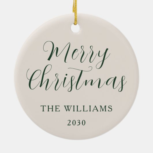 Merry Christmas Modern Script Beige Groen Keramisch Ornament (Achterkant)