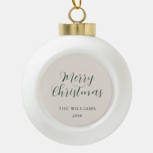 Merry Christmas Modern Script Beige Groen Keramische Bal Ornament
