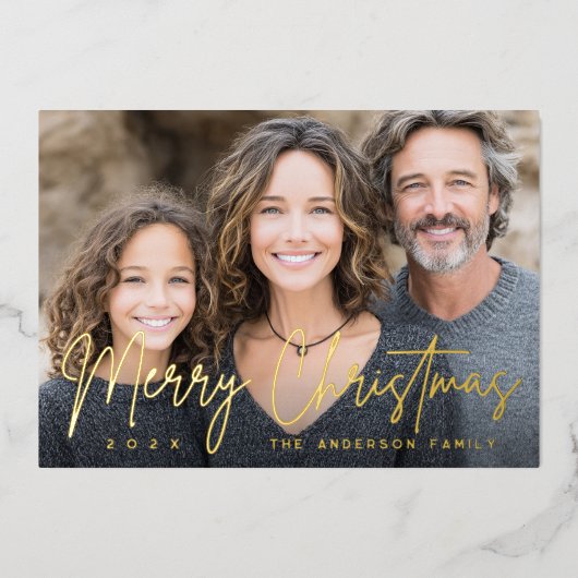 Merry Christmas modern script deep green photo Folie Feestdagenkaart (Voorkant)