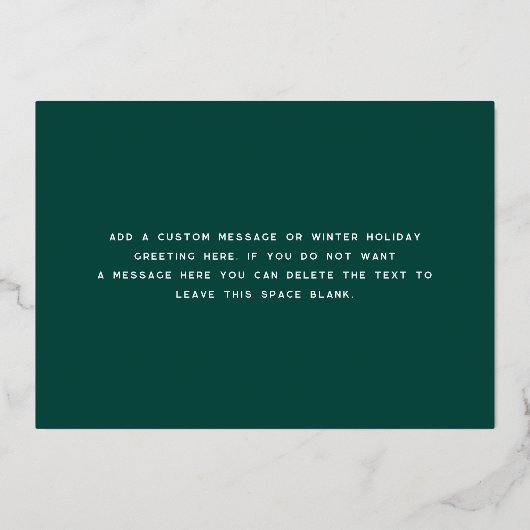 Merry Christmas modern script deep green photo Folie Feestdagenkaart (Achterkant)