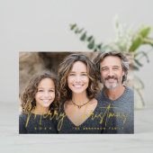 Merry Christmas modern script deep red photo Folie Feestdagenkaart (Staand Voorkant)