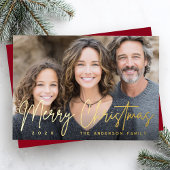 Merry Christmas modern script deep red photo Folie Feestdagenkaart