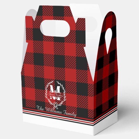 Merry Christmas Monogram Wreath Buffalo Plaid Bedankdoosjes (Geopend)