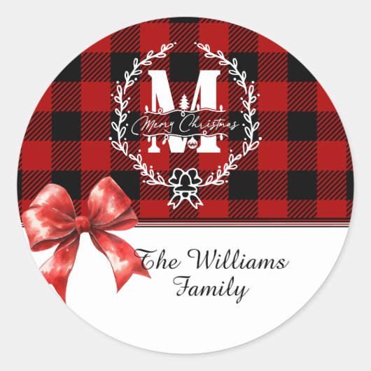 Merry Christmas Monogram Wreath Buffalo Plaid Ronde Sticker (Voorkant)