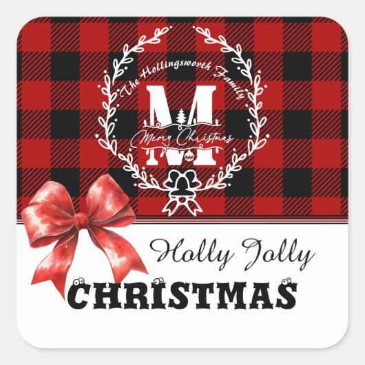 Merry Christmas Monogram Wreath Buffalo Plaid Vierkante Sticker (Voorkant)