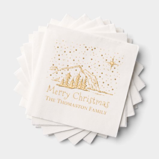 Merry Christmas Mountains Trees Familienaam Folie Servetten (Insitu (Gestapeld))