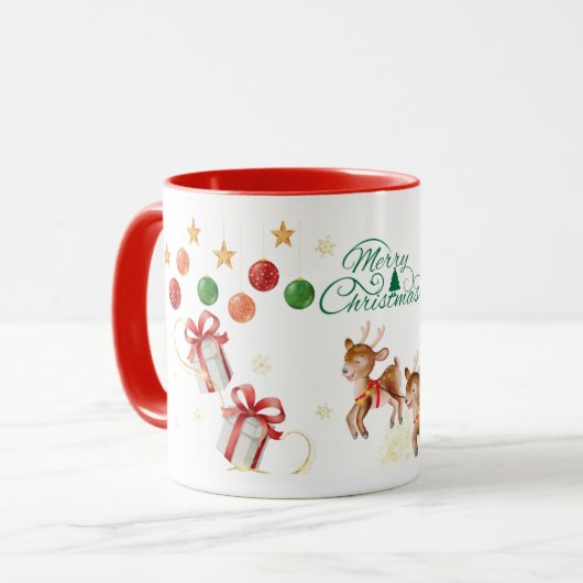 Merry Christmas Mug – Santa & Flying Reindeer Mok (Voorkant links)