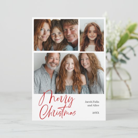 Merry Christmas Multi drie foto Design Rood Feestdagenkaart (Staand voorkant)