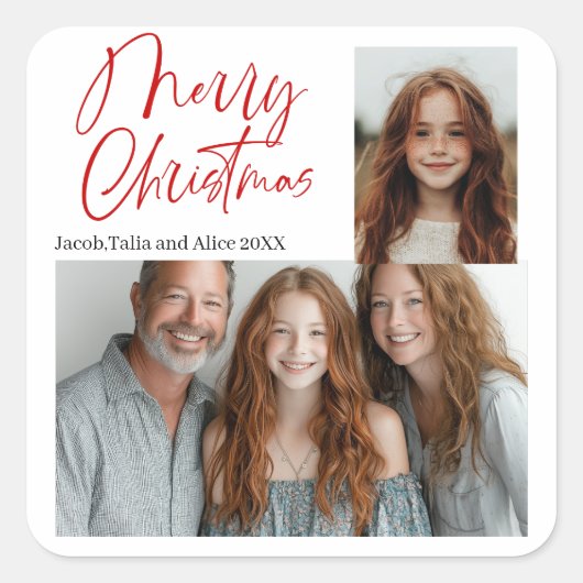 Merry Christmas Multi twee foto's Design Rood Vierkante Sticker (Voorkant)