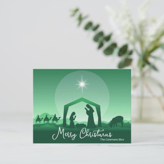 Merry Christmas Nativity Scene Green Religious Feestdagenkaart (Staand voorkant)