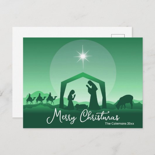 Merry Christmas Nativity Scene Green Religious Feestdagenkaart (Voorkant / Achterkant)