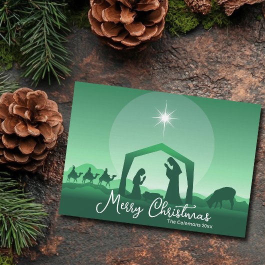 Merry Christmas Nativity Scene Green Religious Feestdagenkaart