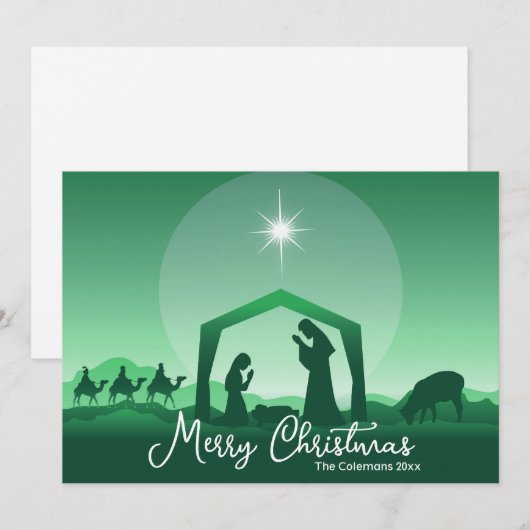 Merry Christmas Nativity Scene Green Religious Feestdagenkaart (Voorkant / Achterkant)