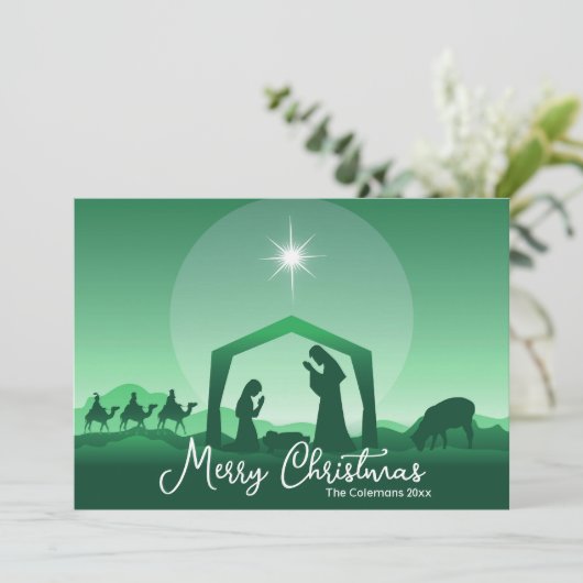 Merry Christmas Nativity Scene Green Religious Feestdagenkaart (Staand voorkant)