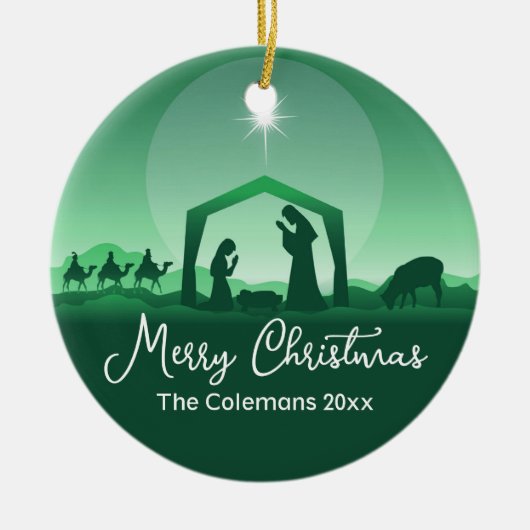 Merry Christmas Nativity Scene Green Religious Keramisch Ornament (Voorkant)