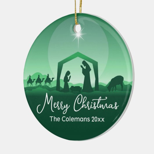 Merry Christmas Nativity Scene Green Religious Keramisch Ornament (Links)