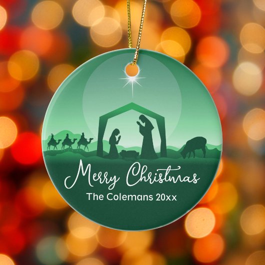 Merry Christmas Nativity Scene Green Religious Keramisch Ornament