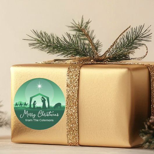 Merry Christmas Nativity Scene Green Religious Ronde Sticker