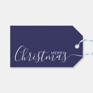 Merry Christmas Navy Blauw Wit Minimalist Cadeaulabel