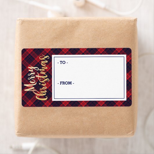 Merry Christmas Navy & Red Plaid Sticker Gift Labe (Insitu)