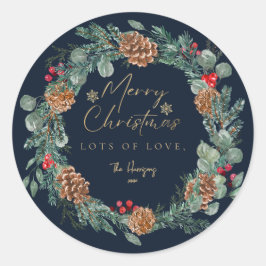 Merry Christmas Navy Waterverf groen script Ronde Sticker