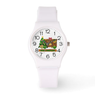 Merry Christmas near fireplace bonfire xmas tree Horloge