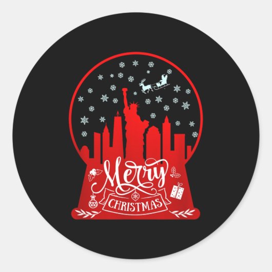 Merry Christmas New York Skyline In Snow Globe Sno Ronde Sticker (Voorkant)
