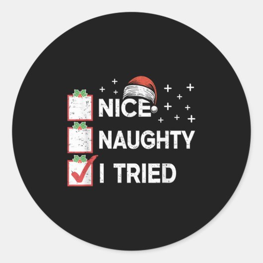 Merry Christmas Nice Naughty I Tried Christmas Lis Ronde Sticker (Voorkant)