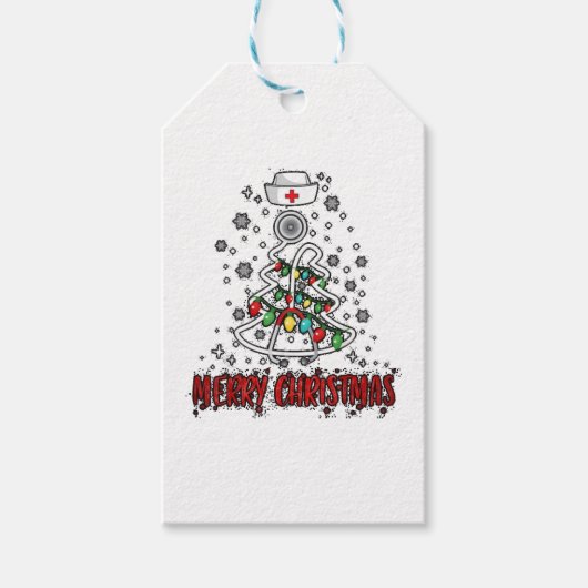 Merry Christmas Nurse Shirt Stethoscope Tree Light Cadeaulabel (Voorkant)