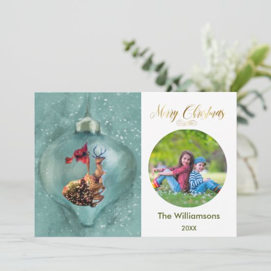Merry Christmas Ornament rendieren familie foto Kaart (Staand voorkant)