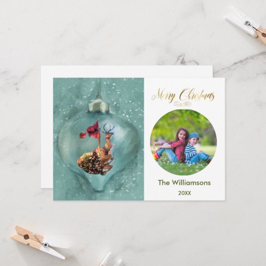 Merry Christmas Ornament rendieren familie foto Kaart (Voorkant / Achterkant in situ)