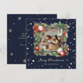 Merry Christmas Ornamenten Holly Wreath Blue Foto Feestdagenkaart (Voorkant / Achterkant)