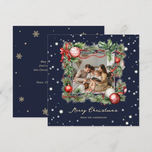 Merry Christmas Ornamenten Holly Wreath Blue Foto Feestdagenkaart (Voorkant / Achterkant)