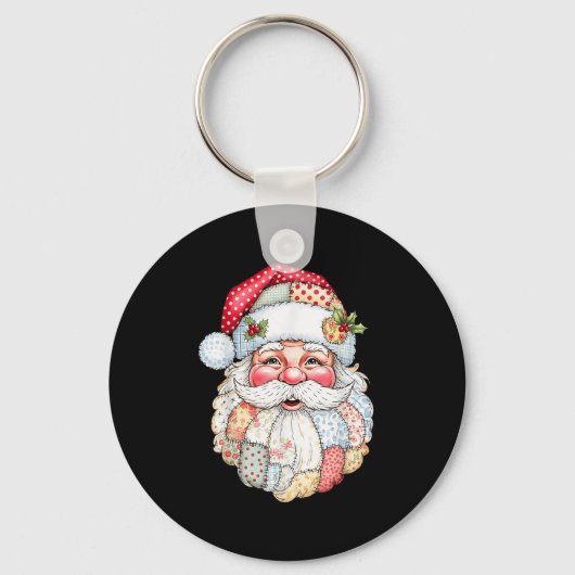 Merry Christmas Patchwork Santa Claus Face X-mas H Sleutelhanger (Voorkant)