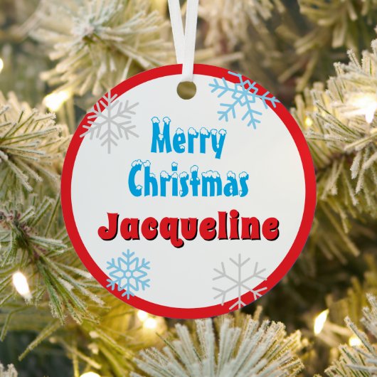 Merry Christmas Peace Snowflakes Red Name Metalen Ornament (Insitu)