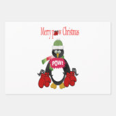 Merry Christmas Penguin Boxing Gloves Green Bow Inpakpapier Vel (Voorkant)
