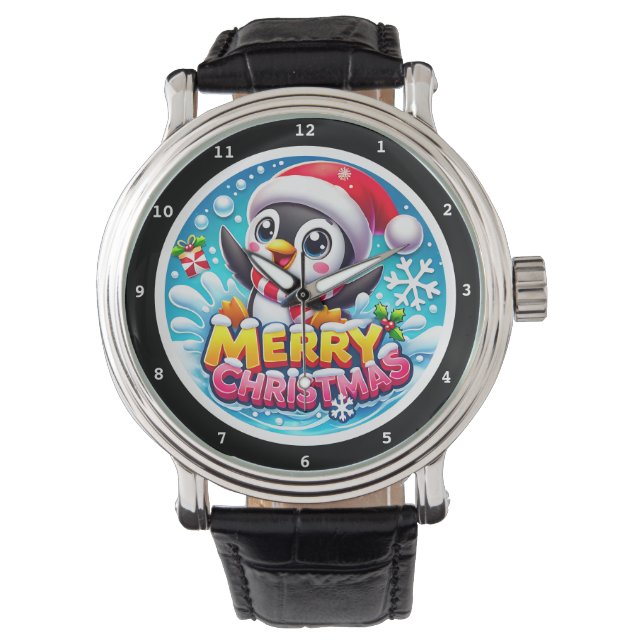 Merry Christmas Penguin Water Splashes Horloge (Voorkant)
