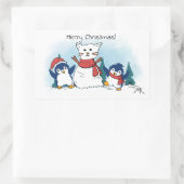 Merry Christmas Penguins building a Snow Cat Rechthoekige Sticker (Tas)