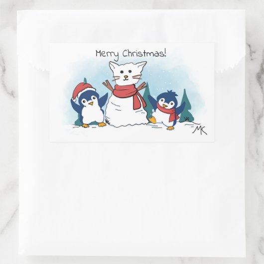 Merry Christmas Penguins building a Snow Cat Rechthoekige Sticker (Tas)