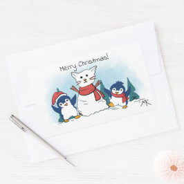 Merry Christmas Penguins building a Snow Cat Rechthoekige Sticker