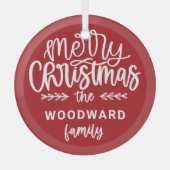 Merry Christmas Personalized Family Name Red Glas Ornament (Voorkant)