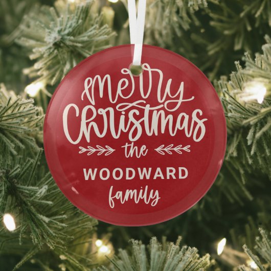 Merry Christmas Personalized Family Name Red Glas Ornament (Insitu)