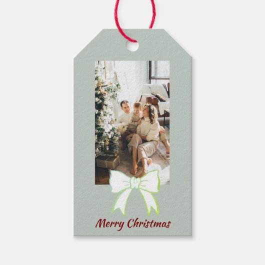Merry Christmas Personalized Photo Bow Gift Tag Cadeaulabel (Voorkant)