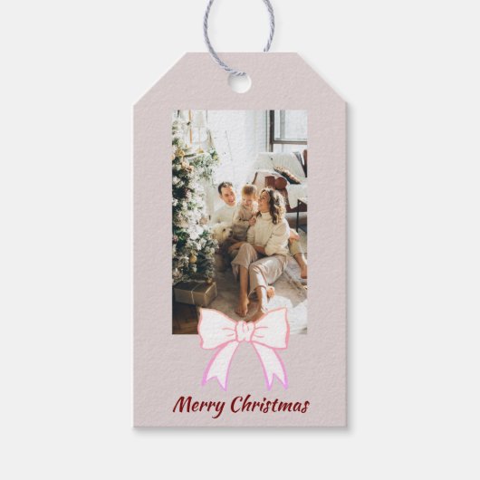 Merry Christmas Personalized Photo Bow Gift Tag Cadeaulabel (Voorkant)