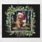 Merry Christmas Pet Photo Wreath Botanical Sparkling Wijnetiket (Enkel label)