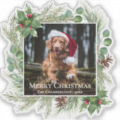 Merry Christmas Pet Photo Wreath Botanical Sticker (Voorkant)
