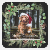 Merry Christmas Pet Photo Wreath Botanical Vierkante Sticker (Voorkant)